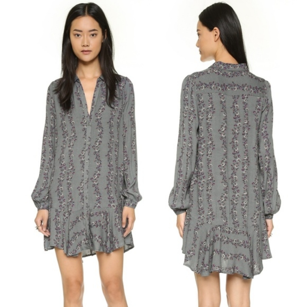 Free People Slubby Crinkle Floral Button Down Shirt Dress Grey XS
